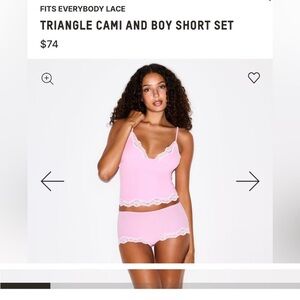 NWT SKIMS Pink Lace Trim Triangle Cami and Boy Short Set L bubble gum-RARE